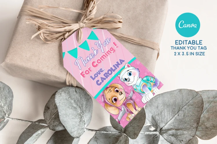 Paw Patrol birthday invitation template for girl with Skye and Everest in pink theme – editable on Canva and ready to download.