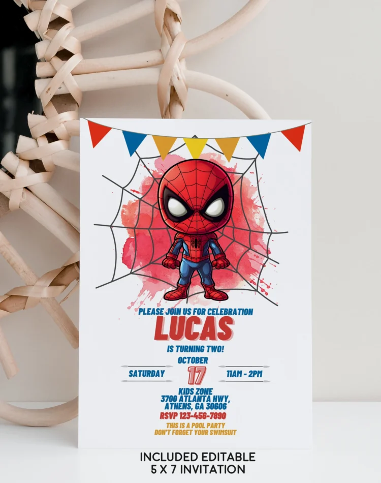 Spiderman birthday invitation card for kids – editable Canva template with clean modern design, perfect for superhero-themed celebrations.