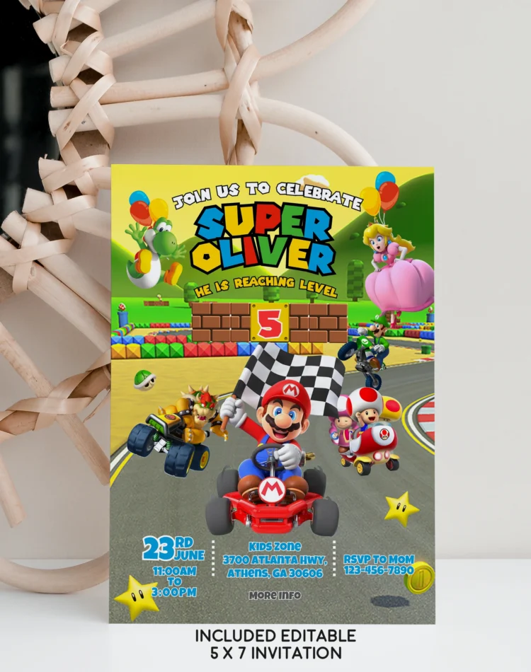 Super Mario birthday invitation card – editable Canva template with Mario and Luigi design for kids’ party.