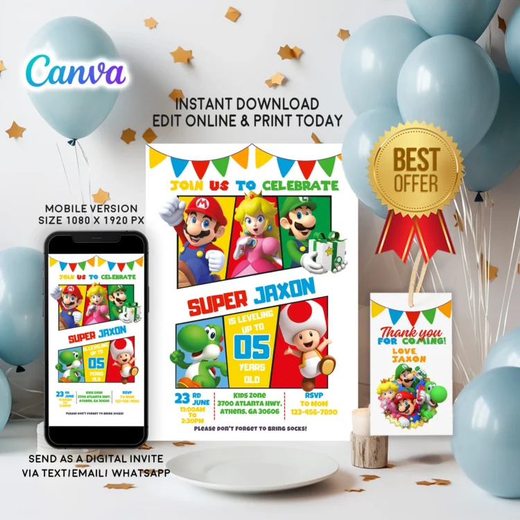 Super Mario birthday invitation card – editable Canva template with Mario and Luigi design for kids’ party.