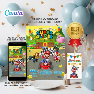 Super Mario birthday invitation card – editable Canva template with Mario and Luigi design for kids’ party.