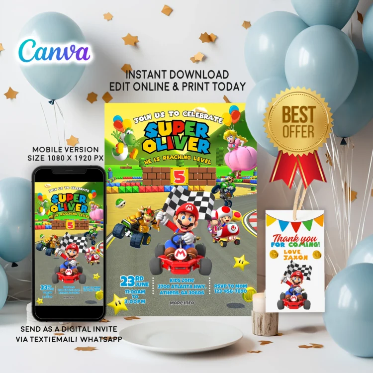 Super Mario birthday invitation card – editable Canva template with Mario and Luigi design for kids’ party.