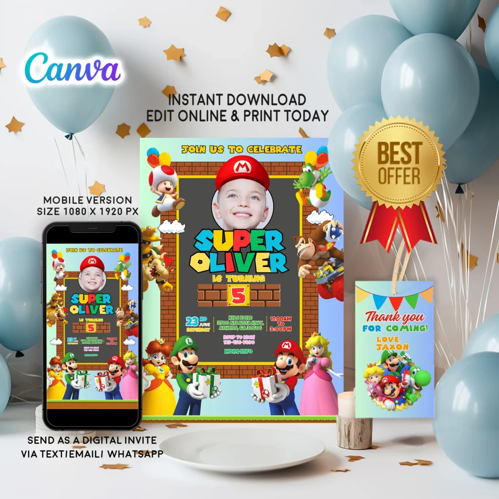 Super Mario Birthday Canva Invitation, Template, Instant Download