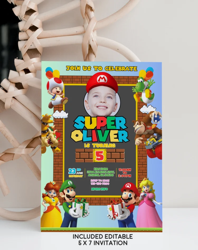 Super Mario birthday invitation card – editable Canva template with Mario and Luigi design for kids’ party.