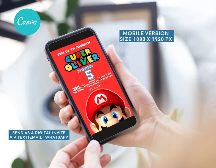 Super Mario birthday invitation card – editable Canva template with Mario and Luigi design for kids’ party.