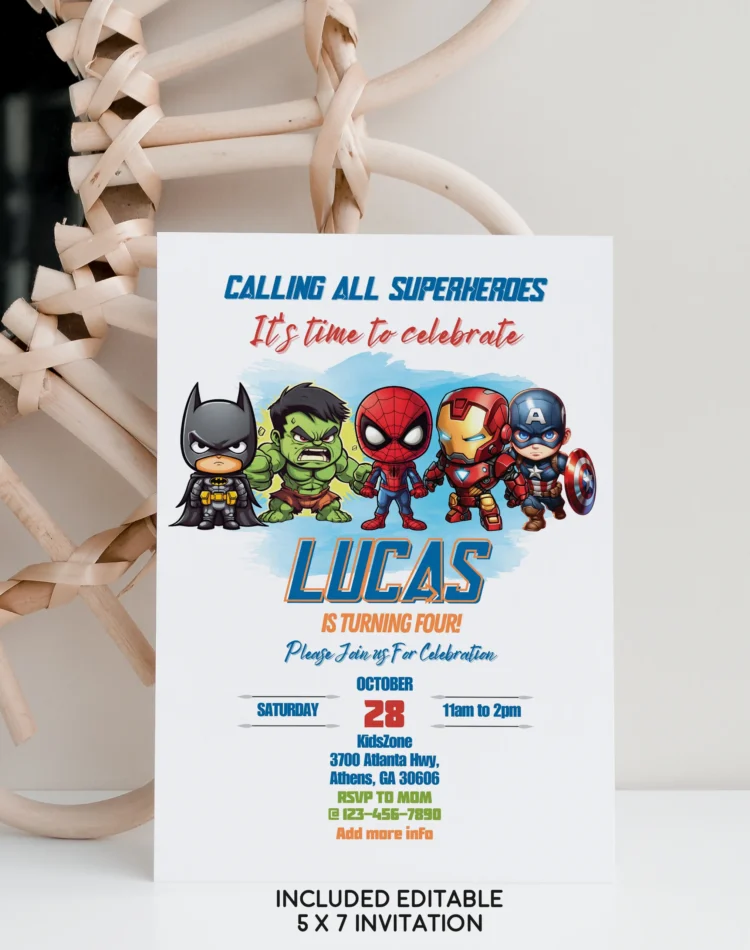 Editable superhero birthday invitation template featuring Spider-Man, Captain America, and Batman – Canva design for kids.