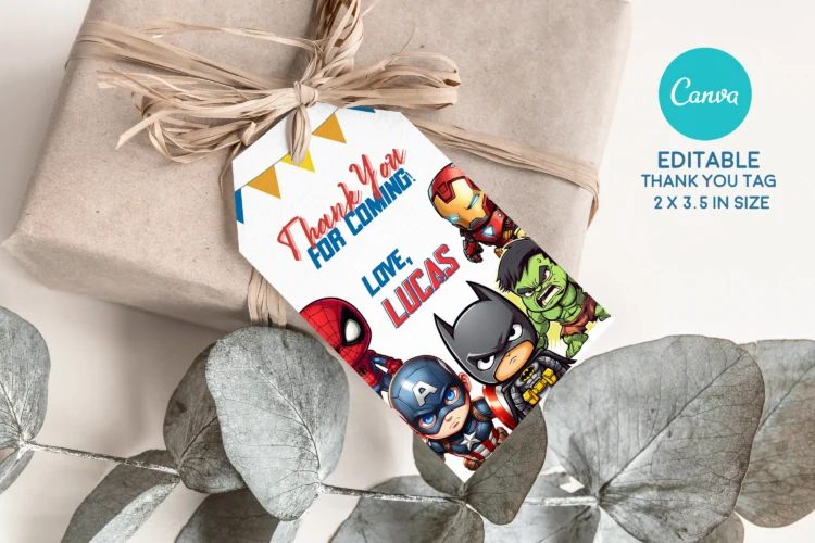 Editable superhero birthday invitation template featuring Spider-Man, Captain America, and Batman – Canva design for kids.