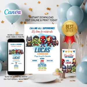 Editable superhero birthday invitation template featuring Spider-Man, Captain America, and Batman – Canva design for kids.