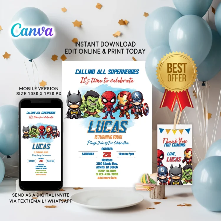 Editable superhero birthday invitation template featuring Spider-Man, Captain America, and Batman – Canva design for kids.