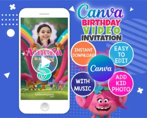 Trolls birthday video invitation with Poppy – editable Canva template for kids' digital party invites