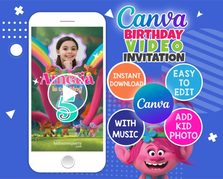 Trolls birthday video invitation with Poppy – editable Canva template for kids' digital party invites