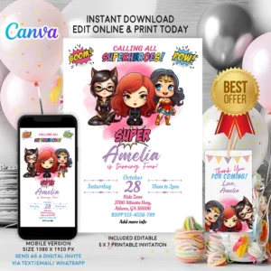 Super Hero Girls birthday invitation for girls – editable Canva template featuring Wonder Woman and Batwoman in a bright, empowering design.