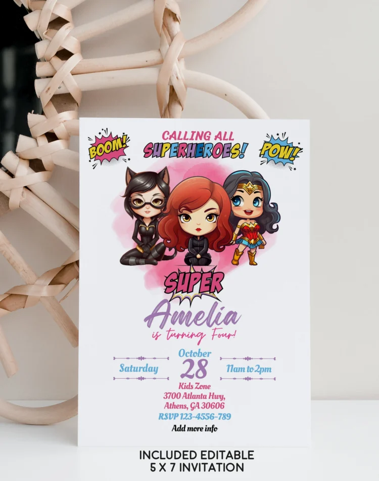 Super Hero Girls birthday invitation for girls – editable Canva template featuring Wonder Woman and Batwoman in a bright, empowering design.