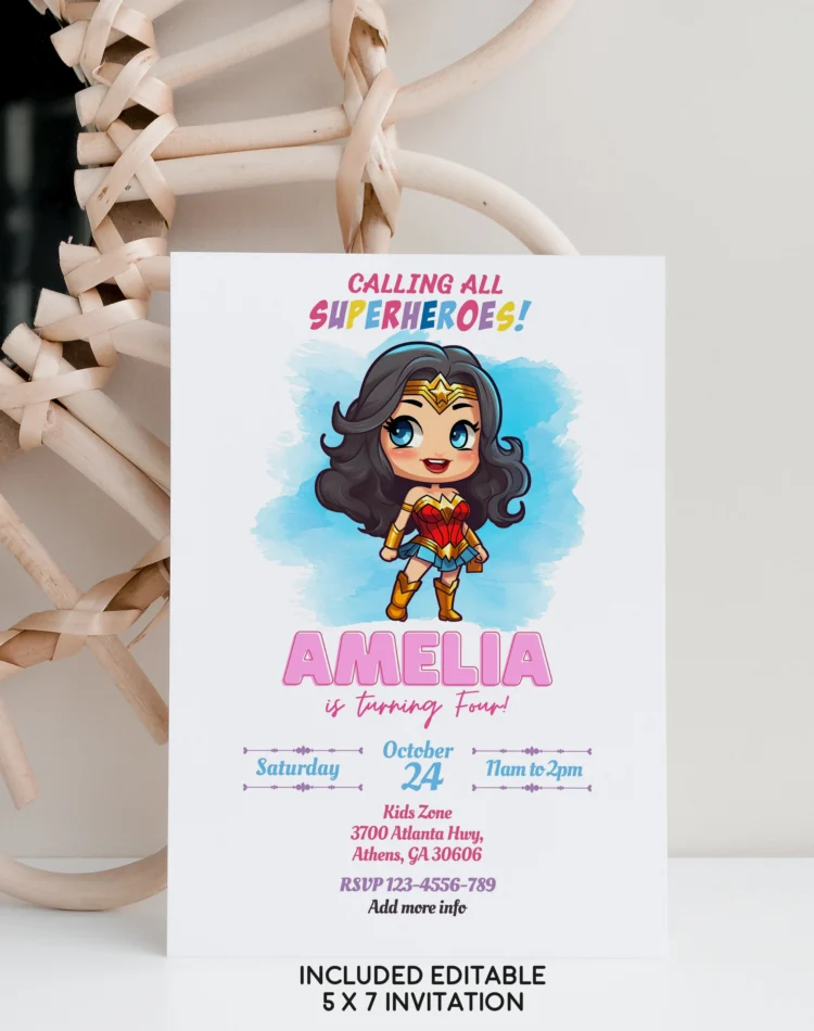 Wonder Woman birthday invitation template for girls – editable Canva design with bold and empowering modern style.