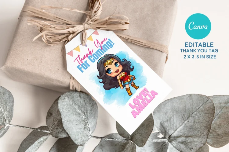 Wonder Woman birthday invitation template for girls – editable Canva design with bold and empowering modern style.