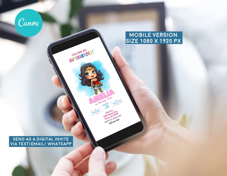 Wonder Woman birthday invitation template for girls – editable Canva design with bold and empowering modern style.