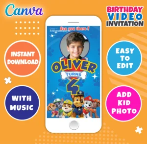 Paw Patrol animated birthday video invitation – editable Canva template for kids’ digital party.