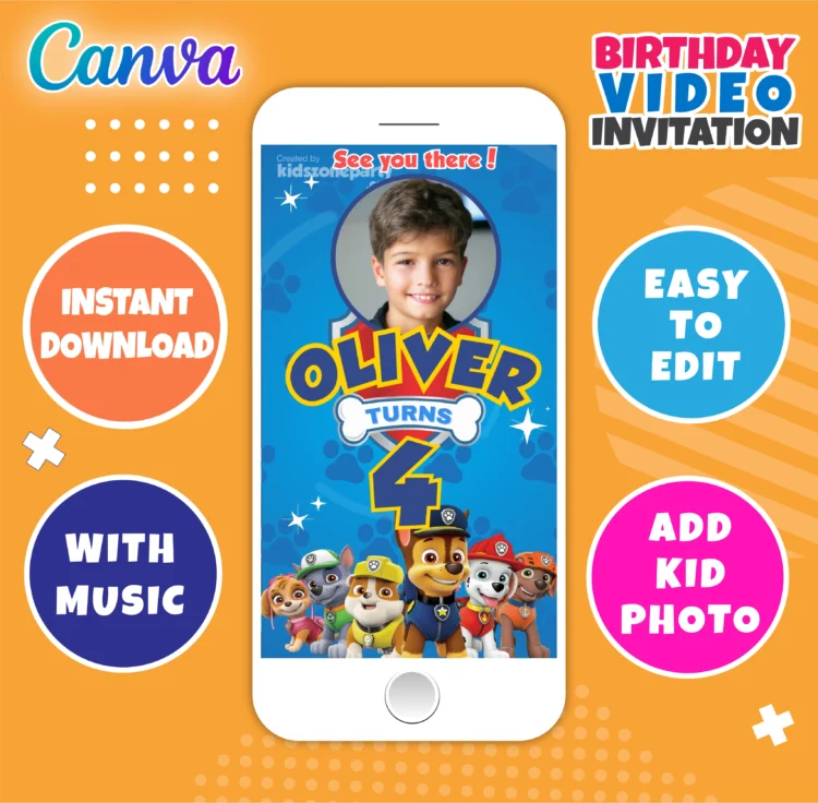 Paw Patrol animated birthday video invitation – editable Canva template for kids’ digital party.