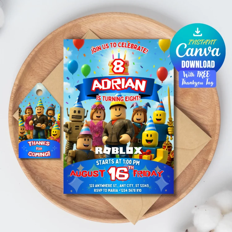 Personalized Roblox Canva invitation template fun gaming party card for children celebration