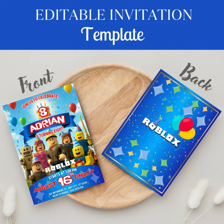 Personalized Roblox Canva invitation template fun gaming party card for children celebration Editable Roblox birthday invitation Canva template digital party card for kids celebration