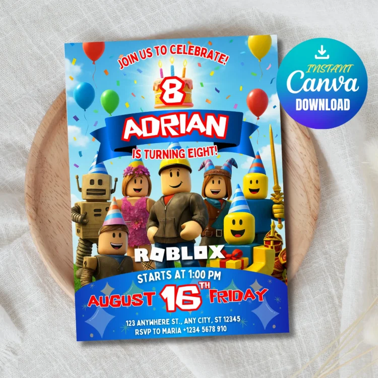 Custom Roblox gaming birthday invitation editable Canva design instant digital download template