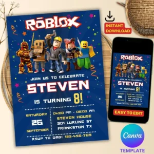 Editable Roblox boys birthday invitation 5x7 template
