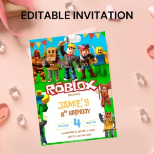 Editable Roblox boys birthday invitation template 5x7 printable