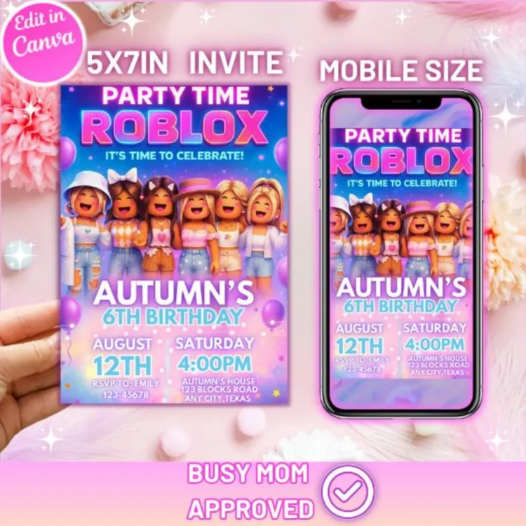 Girl Invite, Editable Roblox Canva birthday invitation template digital gaming card for kids party