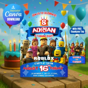 Editable Roblox birthday invitation Canva template digital party card for kids celebration
