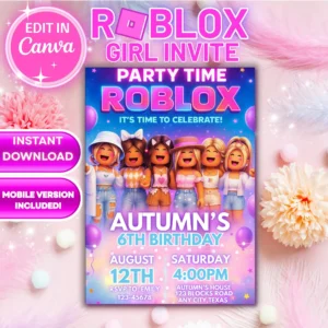 Customizable Roblox birthday invitation editable in Canva instant digital template