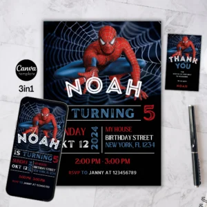 Spider Man Invitation, Spider-man Boys Birthday Party Digital Invitation, Kids Birthday Card, Digital Download, Editable Template Canva