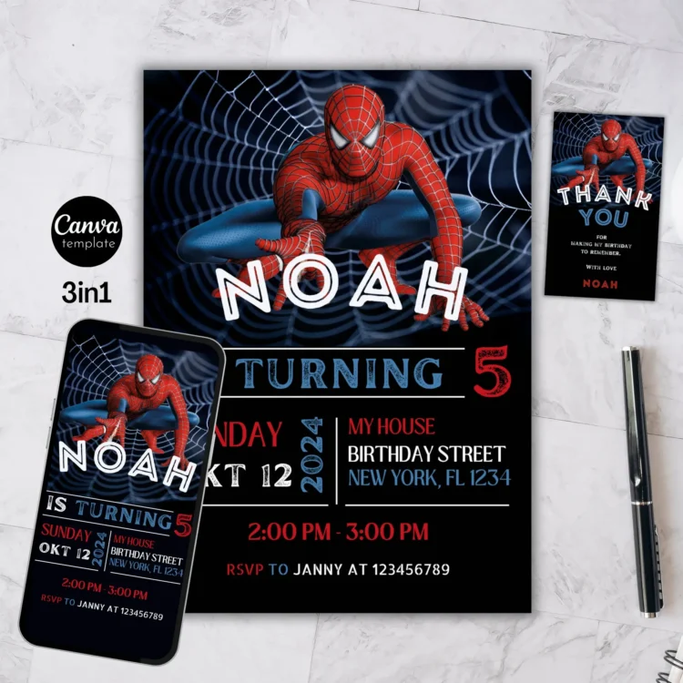 Spider Man Invitation, Spider-man Boys Birthday Party Digital Invitation, Kids Birthday Card, Digital Download, Editable Template Canva