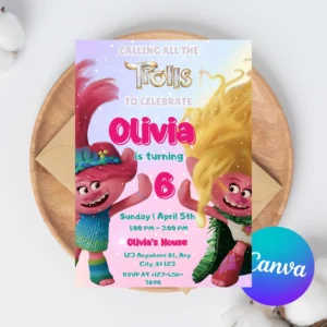 Trolls invitation, Trolls Birthday Invite Printable, Trolls Craziest Party Birthday Invitation, Digital Trolls Party Editable Template Canva