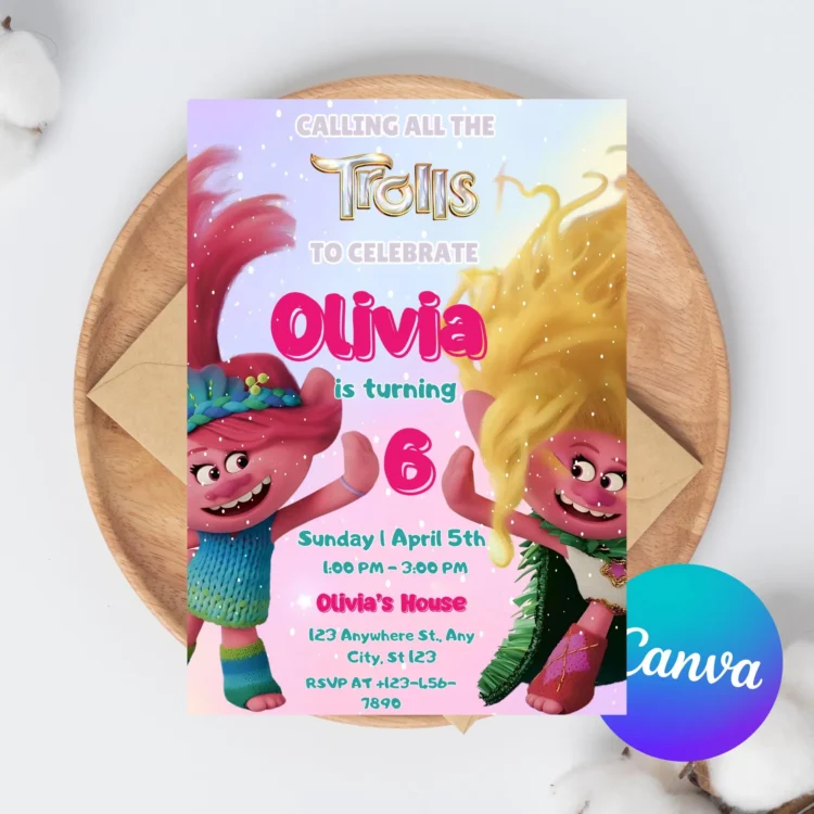 Trolls invitation, Trolls Birthday Invite Printable, Trolls Craziest Party Birthday Invitation, Digital Trolls Party Editable Template Canva
