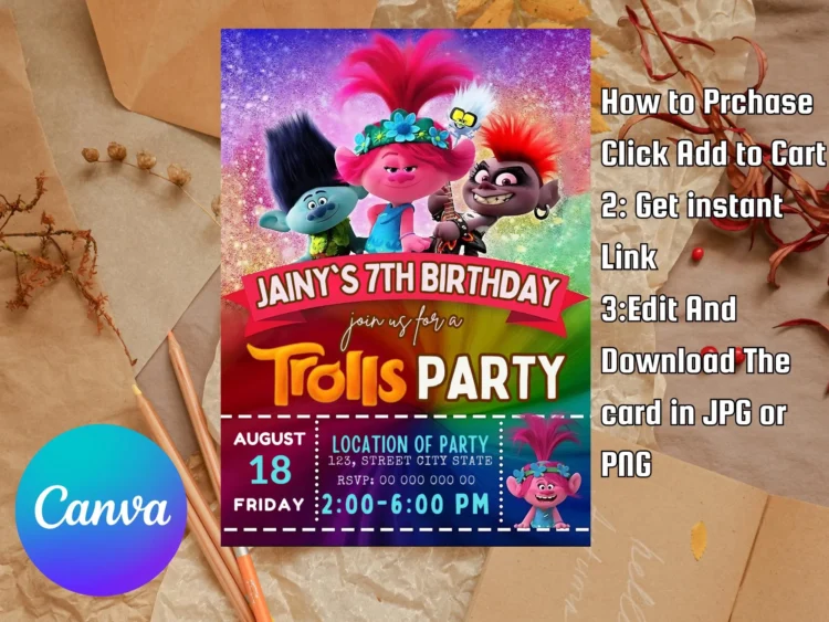 Trolls Birthday Invitation – Editable & Printable Template
