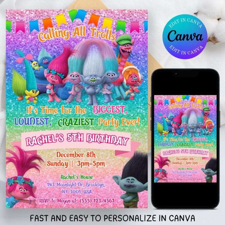Editable Trolls Invitation, Printable Trolls Birthday Invitation, Editable Trolls Craziest Birthday, Trolls Craziest Party, Trolls Party Invite - Image 2