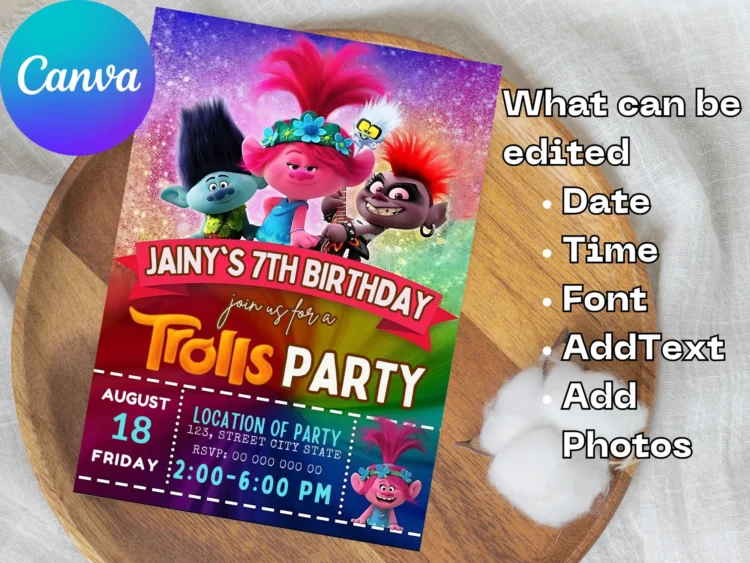 Trolls Birthday Invitation – Editable & Printable Template