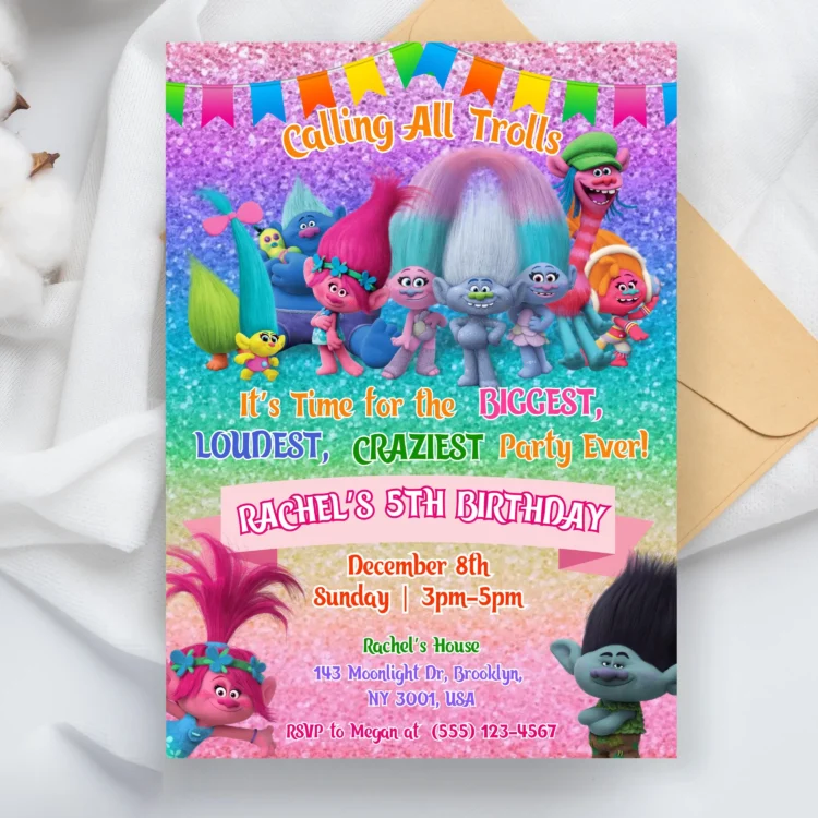 Trolls invitation, Trolls Birthday Invite Printable, Trolls Craziest Party Birthday Invitation, Digital Trolls Party Editable Template Canva 2
