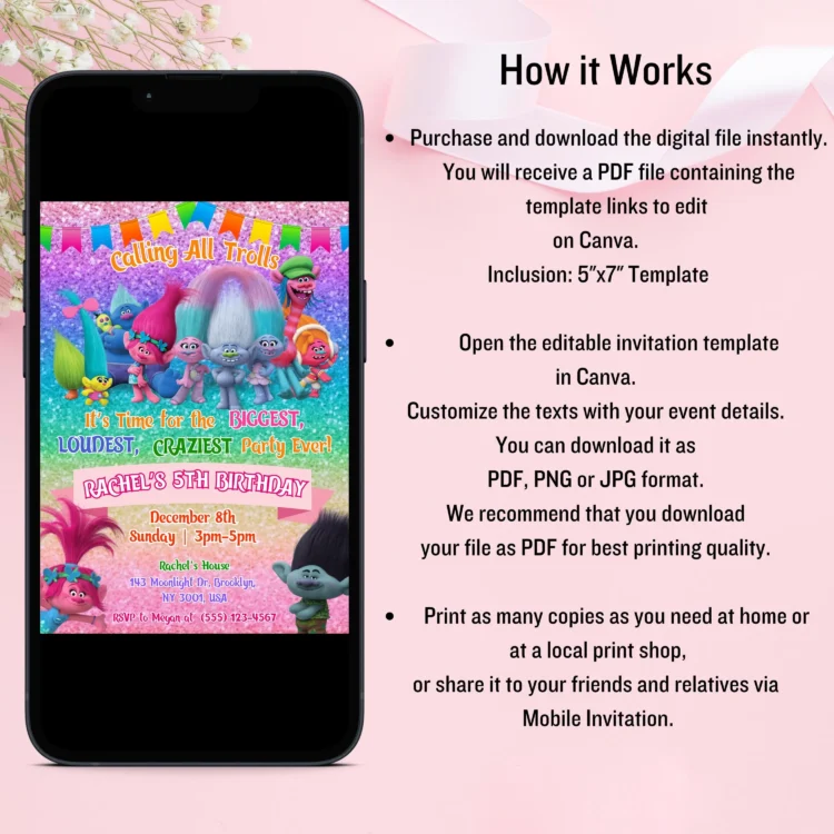 Trolls invitation, Trolls Birthday Invite Printable, Trolls Craziest Party Birthday Invitation, Digital Trolls Party Editable Template Canva 2