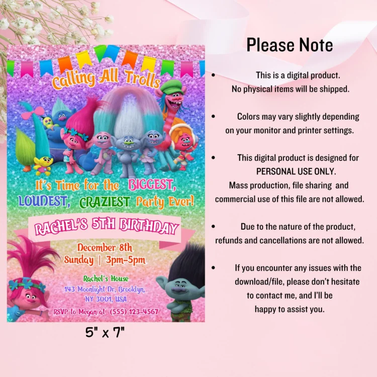 Trolls invitation, Trolls Birthday Invite Printable, Trolls Craziest Party Birthday Invitation, Digital Trolls Party Editable Template Canva 2