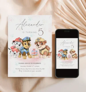 Editable Paw Patrol watercolor birthday invitation Canva template