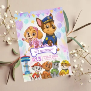 Skye Paw Patrol girls birthday invitation Canva template